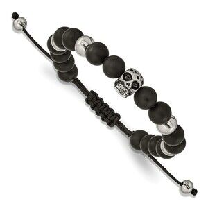 Stainless Steel Antiqued Skull Black Onyx Bead Black Macrame Adjustable Bracelet